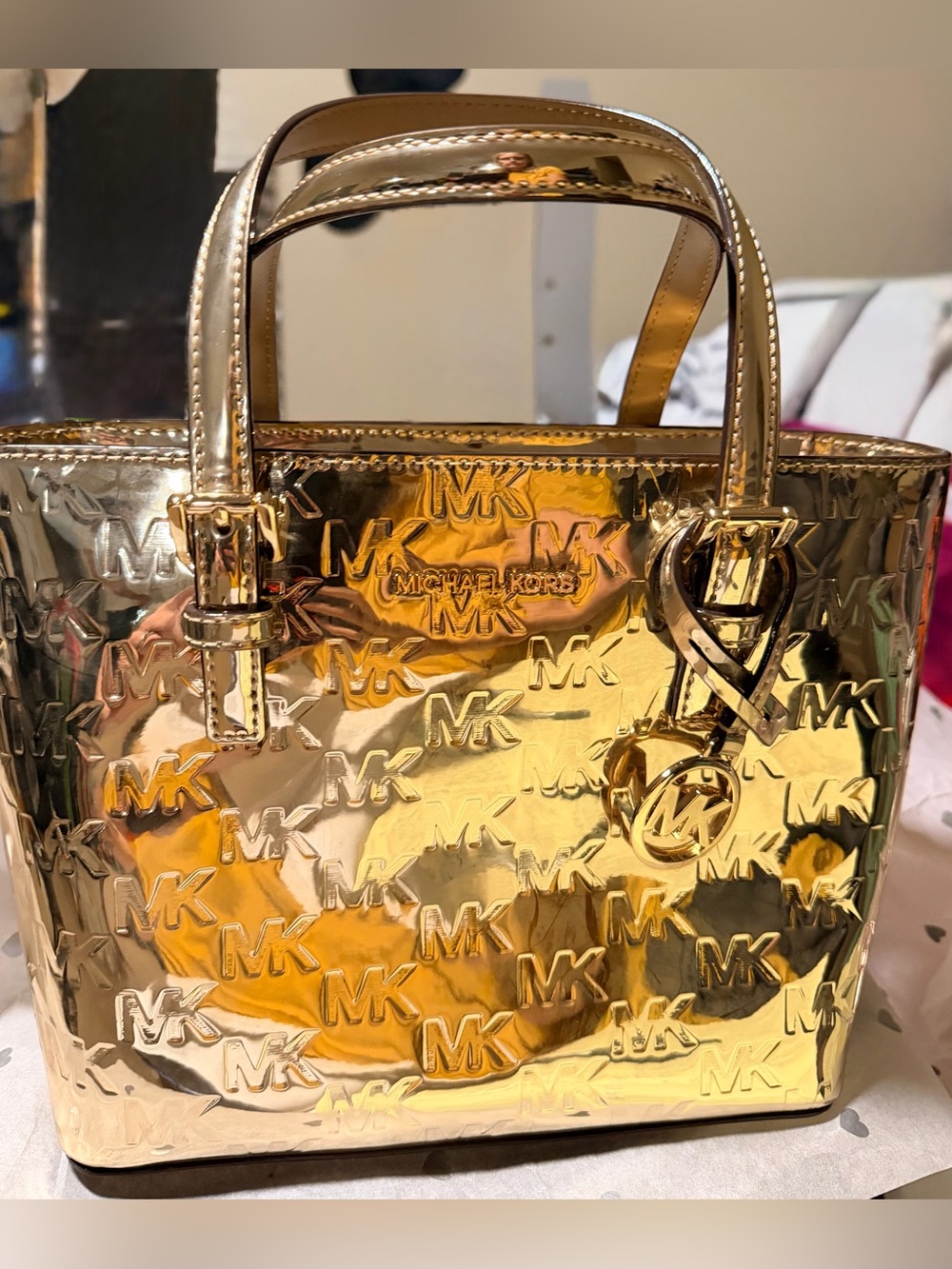 Michael Kors Metallic Gold MK-Embossed Shoulder Bag NWT B56